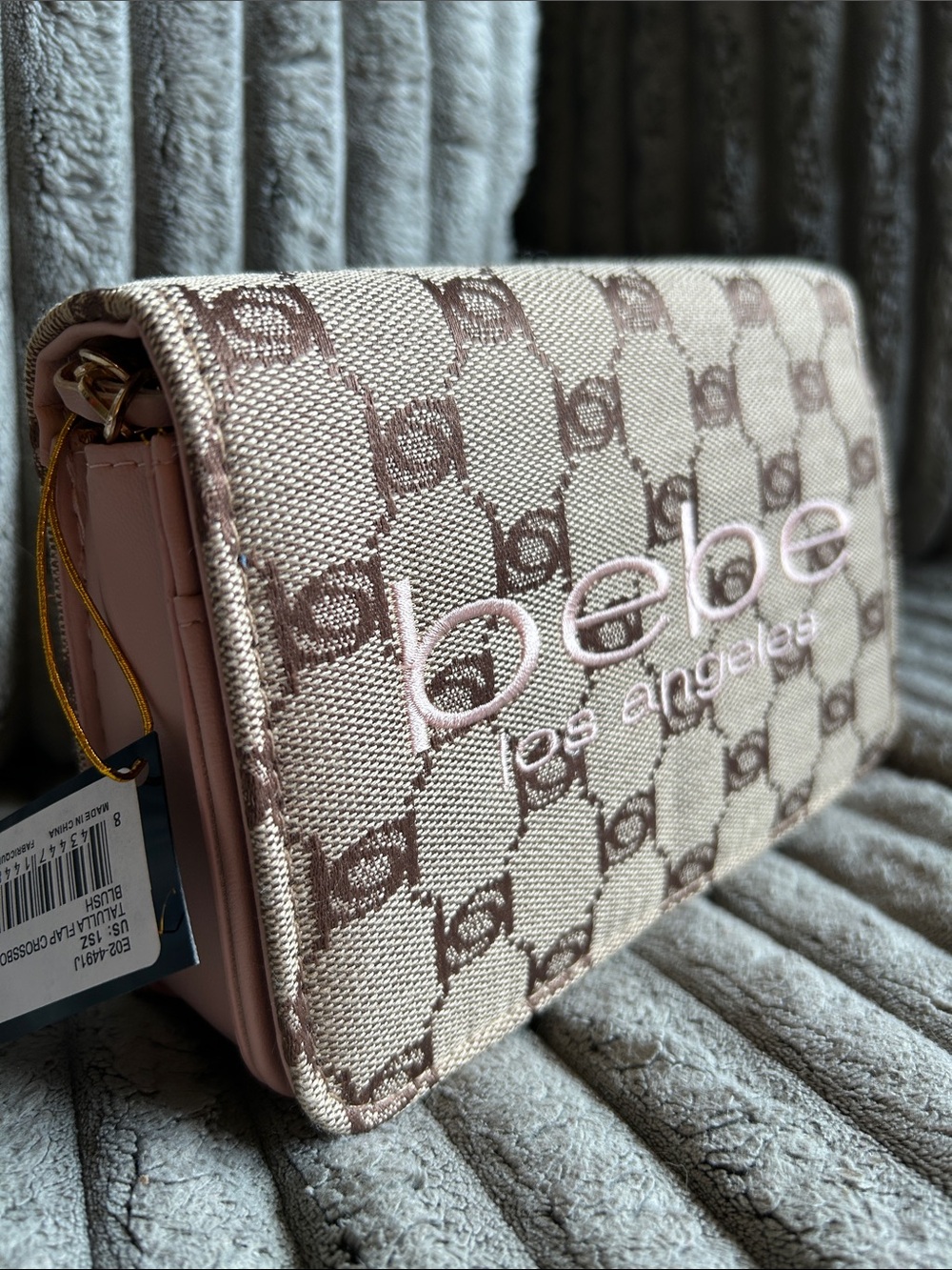 bebe Los Angeles Adela Monogram Crossbody Clutch Bag Blush Beige Goldtone NWT